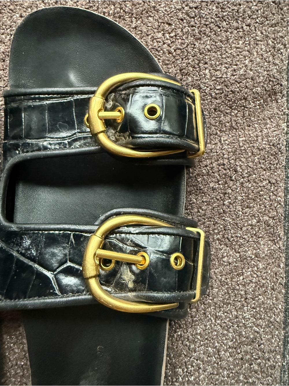 Veronica Beard Black Croc-Embossed Slide Sandals with Gold Buckles - Picture 2 of 3